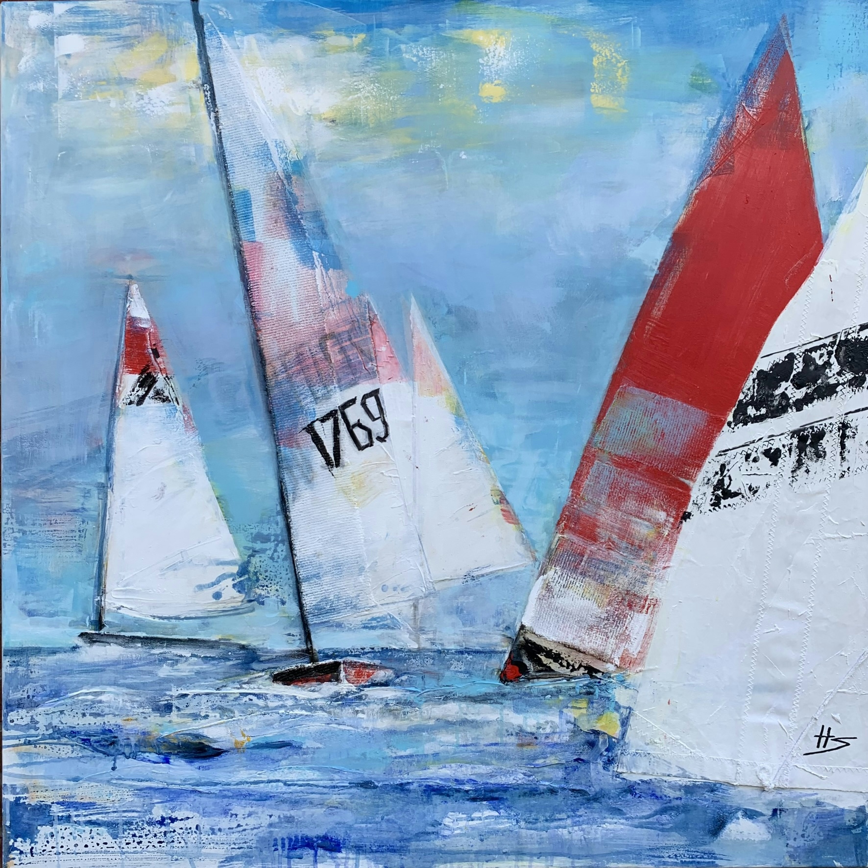 Artwork by Heike Schümann depicts abstractly rendered sailboats