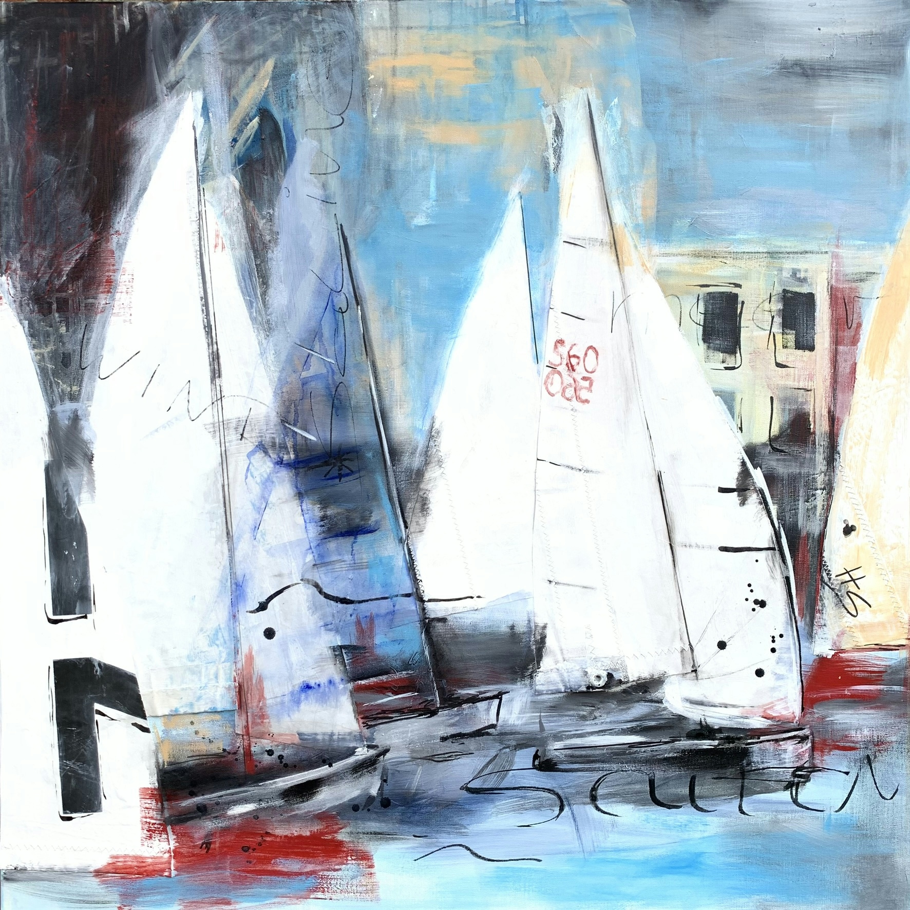 Artwork by Heike Schümann depicts abstractly rendered sailboats in front of buildings